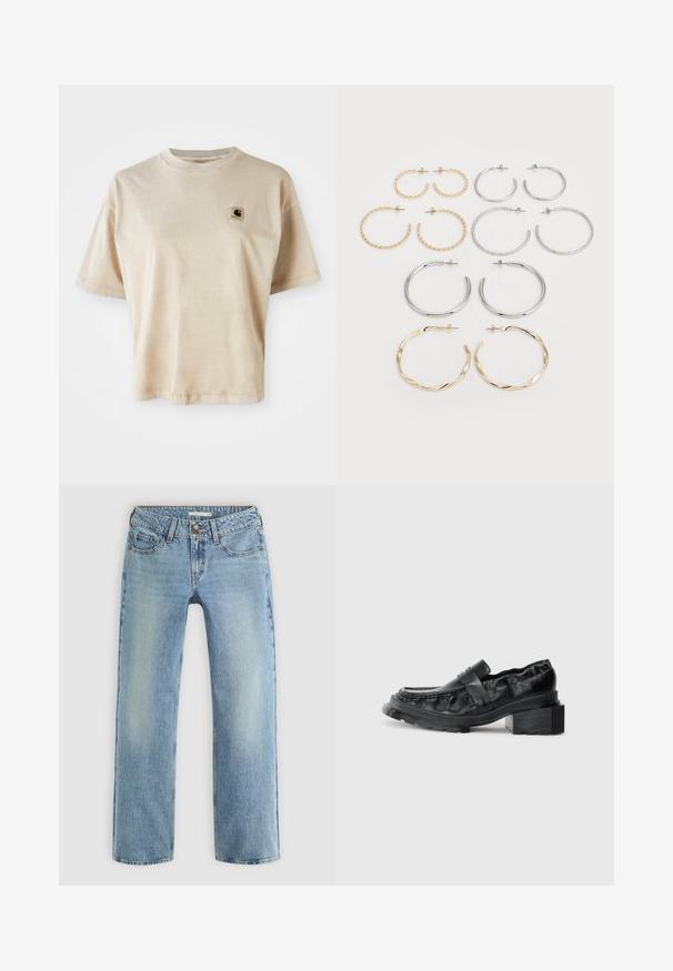 Béžové bavlnené tričko s voľným strihom, okrúhlym výstrihom, krátkymi rukávmi a malou štvorcovou nášivkou na ľavej strane hrude.; Svetlo modré džíny so rovnými nohavicami vyrobené z denimu, s gombíkovým zapínaním, piatimi vreckami a jemným vyblednutím pozdĺž nohavíc.; Čierne kožené loafers s pevným podrážkou, s mierne zvýšeným blokovým podpätkom a štruktúrovaným zvrškom, zabezpečené predným pásom.; Sada dvanástich kruhových náušníc v striebornej a zlatej farbe. Obsahuje skrútené, hladké a textúrované vzory v rôznych veľkostiach a povrchových úpravách.
