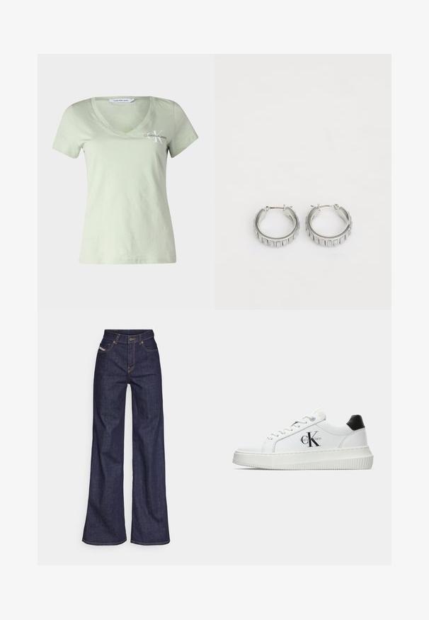 Světle zelené tričko s výstřihem do V vyrobené z měkké bavlny. Má krátké rukávy a malé bílé logo Calvin Klein Jeans na hrudi.; Tmavě modré džíny s širokým střihem vyrobené z denimové tkaniny, s vysokým pasem, oranžovým prošíváním, pěti kapsami a zapínáním na knoflík.; Bílé nízké tenisky s černým patním tabem, platformovou podrážkou, tkaničkami a logem Calvin Klein "CK" na boku.; Stříbrné kruhové náušnice s texturovaným designem a vertikálními drážkami. Kulatý tvar s pevným uzávěrem. Hladký povrch.