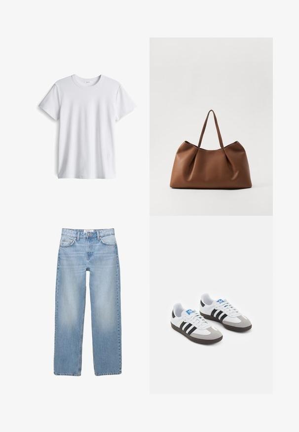 T-shirt bianca in cotone con scollatura rotonda e maniche corte. Tessuto morbido, taglio dritto, senza loghi o motivi visibili.; Jeans in denim azzurro chiaro con design a gamba dritta, stile a cinque tasche e dettagli di cucitura visibili. Il tessuto ha una texture morbida e leggermente scolorita.; Scarpe sportive con tomaia in pelle bianca, punta in suede grigia e tre strisce nere. Presentano un logo blu sulla linguetta e una suola in gomma testurizzata.; Borsa a tote in pelle marrone con un design morbido e curvo, caratterizzata da una texture plissè e due manici robusti. Accenti di cucitura minimalista.