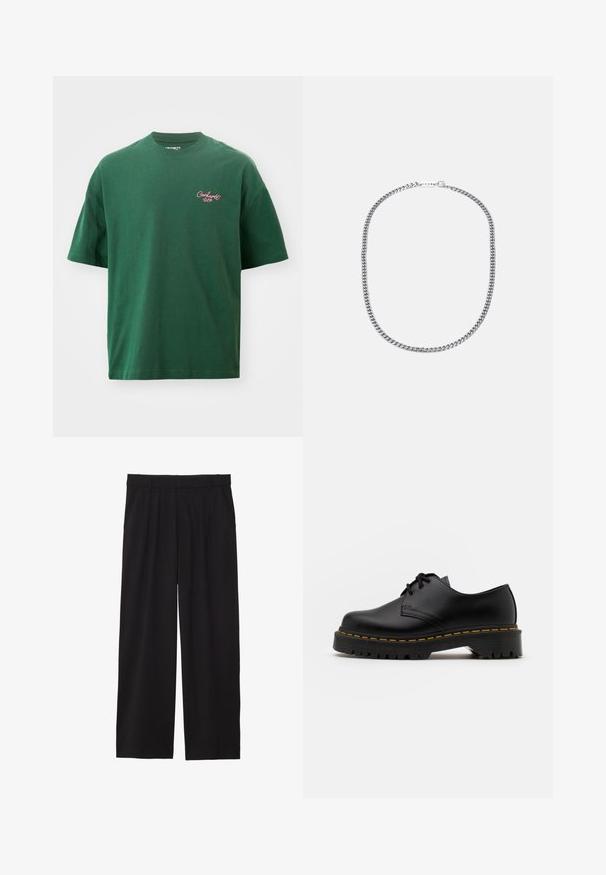 Grøn kortærmet t-shirt lavet af bomuld. Har en rund halsudskæring og et lille pink "Carhartt WIP" logo på venstre bryst.; Sorte brede bukser med en plisseret front, sidelommer og en glat stoftekstur. Designet til en afslappet pasform.; Sort læder snøresko med en rund tå, tekstureret gummisål og gule stikninger omkring bunden. Flad design og glat finish.; Sølv metal kædedesign med tykke, sammenflettede led, poleret overflade og en lille lås med brandingdetalje.