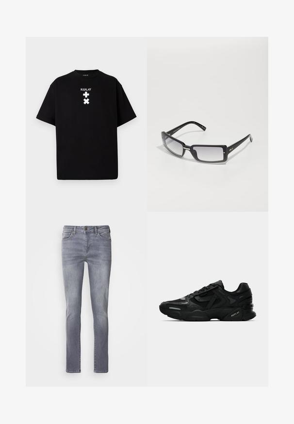 Black short-sleeve t-shirt made of cotton, featuring a crew neck and white printed text and symbols on the front. Simple design, no patterns.; Light grey denim jeans with a straight cut, featuring five pockets, brass button closure, and subtle fading on the legs.; Black athletic sneakers with textured upper, reflective accents, and cushioned soles. Features laces and brand logo on the side.; Black rectangular sunglasses with a gradient lens, featuring a thick frame and metal accent details on the arms. Smooth texture throughout.