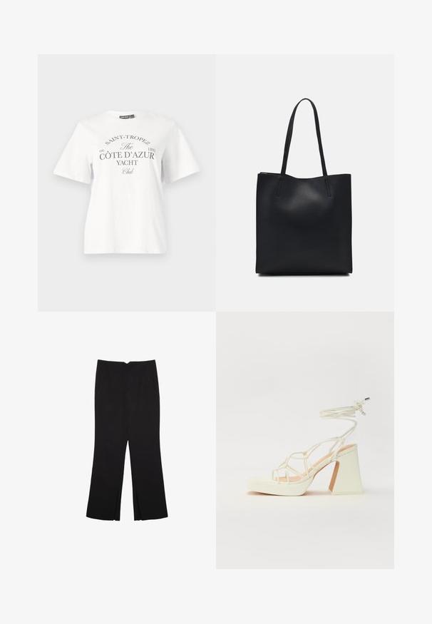 Bela bomba iz bombaža z kratkimi rokavi, okroglim izrezom in črnim tiskom, na katerem piše "SAINT-TROPEZ CÔTE D’AZUR YACHT Club."; Črne hlače ravnega kroja z naglavnimi žepi in stranskimi razporki na robu. Narejene iz mehke, gladke tkanine. Primerne za različne priložnosti.; Bela sandala na visokih petah s debelim petam, ki ima obliko trakcev in vezanje okoli gležnja. Gladka tekstura z platformo spredaj za dodatno višino.; Črna usnjena torba s svilnato teksturo, pravokotne oblike in dvema dolgima ročajema. Brez vidnih metalnih delov ali okrasnih elementov.