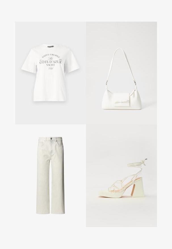 Valge puuvillane T-särk lühikeste varrukatega, ümar kaelus ja must prints, millel on tekst "SAINT-TROPEZ CÔTE D’AZUR YACHT Club."; Heledad heledad püksid, millel on vertikaalsed triibud, valmistatud puuvillaste kangast. Omab nööbiga vööd ja vöörihmasid.; Valged kõrge kontsaga sandaalid, millel on paks konts ja rihmadega disain koos pahkluu sidumisega. Sile tekstuur ja platvorm ees, et lisada kõrgust.; Valge sünteetilisest materjalist kott kolmnurkse kujuga, lame esiklapiga ja kaaredetailiga, reguleeritava rihmaga, sileda tekstuuriga ja minimalistliku disainiga.