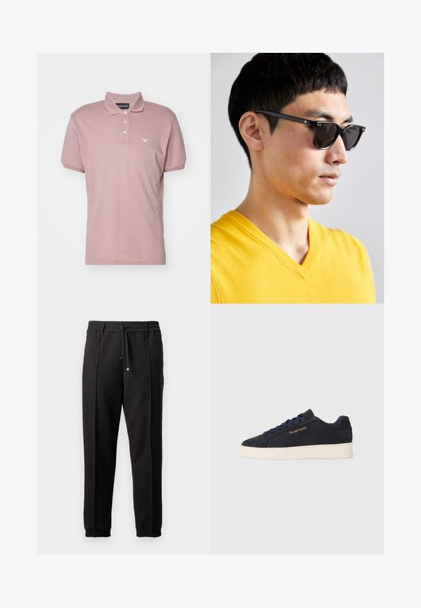 Emporio Armani - Koszulka polo; Czarne spodnie z pasem, sznurkiem do regulacji i elastycznymi mankietami. Posiadają kanty oraz gładki, teksturowany materiał.; Granatowe zamszowe sneakersy niskie z białą podeszwą, granatowymi sznurówkami i logo "Filling Pieces" w złotym kolorze na boku.; Okulary przeciwsłoneczne z czarnymi oprawkami i ciemnymi szkłami. Zauważalne detale to małe złote akcenty na zawiasach oraz prostokątny kształt.