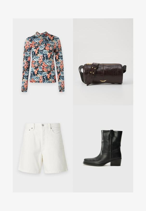 Rabanne Hosszú ujjú felső - english tapestry/pink/blue/green; Fehér farmer sort egyenes szabással, öt zsebbel, elülső gombos záródással, ezüst színű fémrészletekkel és varrt díszítéssel.; Fekete bőr bokacsizma lekerekített orral, blokk sarkúval, oldalsó cipzárral és varrásos díszítéssel az elején. Simább textúra, klasszikus dizájn.; Barna krokodilbőr hatású bőr táska henger alakú, arany tónusú fémveretekkel és lecsatolható, szegecsekkel díszített pánttal.