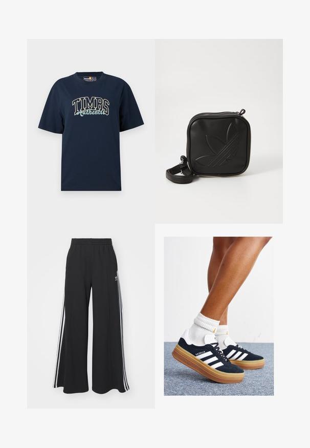 Camiseta de algodón azul marino con un corte relajado. Presenta un diseño gráfico con "TIMBS Authentic" en colores contrastantes. Mangas cortas, cuello redondo.; Pantalones de chándal negros de pierna ancha con una cinturilla elástica, que presentan franjas blancas a los lados y un logo bordado en el muslo izquierdo.; Zapatillas deportivas de gamuza negra con rayas y detalles blancos, puntera redondeada, suela de goma color caramelo, combinadas con calcetines blancos acanalados a la altura del tobillo.; Bolso cruzado negro hecho de material sintético texturizado. Presenta un diseño de logo en relieve y correa ajustable. Cierre con cremallera.
