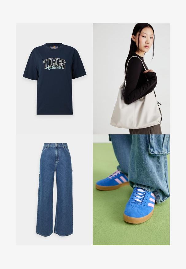 Tricou din bumbac de culoare albastru marin, cu o croială lejeră. Are un design grafic cu "TIMBS Authentic" în culori contrastante. Mâneci scurte, guler rotund.; Pantaloni din denim albastru cu talie înaltă și picioare largi, cu o cusătură contrastantă și buzunare laterale, având un design clasic cu cinci buzunare și margini brut.; Pantofi din piele întoarsă albaștri cu dungi roz și șireturi albe, având o talpă din cauciuc gumat, asortați cu pantaloni din denim largi pe o suprafață verde.; Geantă bej din material moale, cu un design lejer, detalii cusute și două bretele pentru umăr. Potrivită pentru utilizarea zilnică.