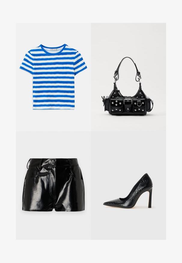 Plava i bijela prugasta majica kratkih rukava s rebrastom teksturom i okruglim izrezom. Uzorci pruga variraju u širini.; Crne, sjajne kratke hlače napravljene od sintetičkog materijala. Imaju uski pojas, petljice za pojas i prednje džepove sa istaknutim detaljima šivanja.; Crne visoke potpetice s oštrim prstima, od teksture krokodilske kože, elegantnog dizajna, visoke stiletto potpetice i glatkog crnog unutrašnjosti.; Crna kožna torba s zakrivljenim dizajnom, koja sadrži srebrne zakovice, kopču i dva bočna džepa. Podesiva traka za različite opcije nošenja.