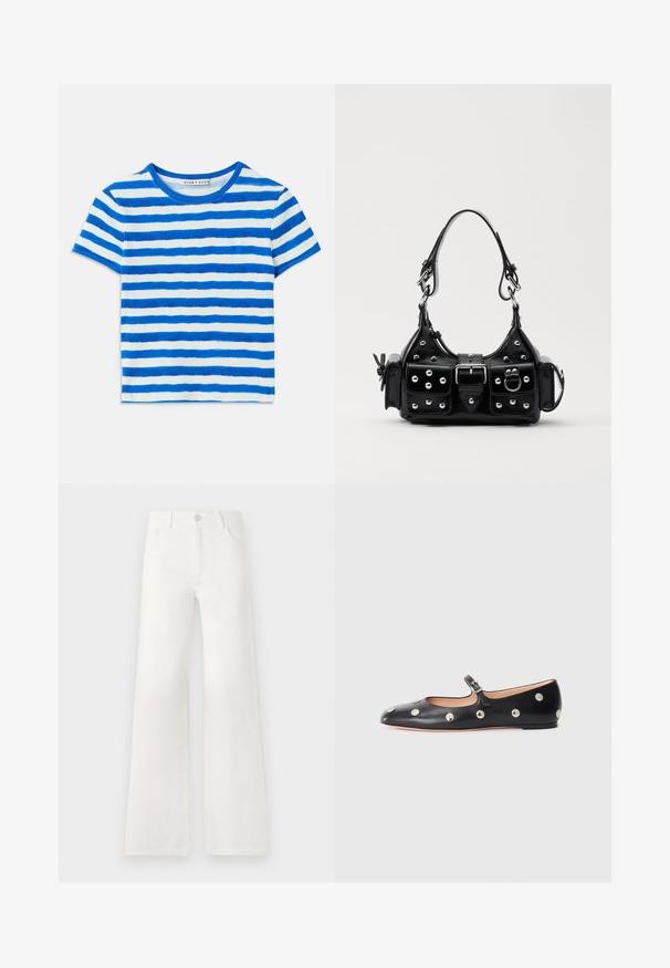 Tricou pe jumătate de mână, cu dungi albastre și albe, cu o textură ribbată și un decolteu rotund. Modelele cu dungi variază în lățime.; Jeans albe, cu talie înaltă și croială largă, realizate din denim. Dispun de închidere cu buton, două buzunare frontale și cusături detaliate pe laterale.; Pantofii Mary Jane din piele neagră, cu vârful rotund, decorati cu nasturi circulari argintii și o curea ajustabilă cu cataramă.; Geantă de piele neagră cu un design curbat, dotată cu studuri argintii, o cataramă și două buzunare laterale. Curea ajustabilă pentru opțiuni de transport.
