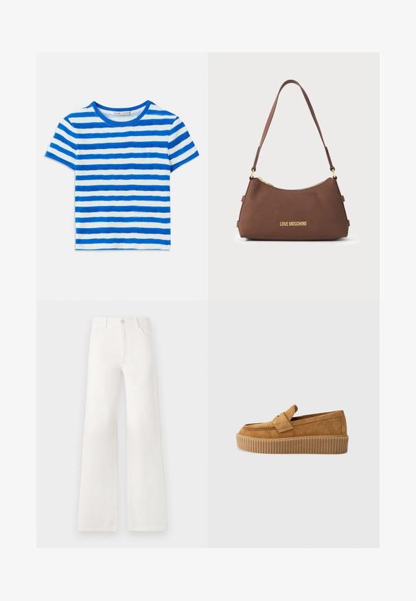 Blue and white striped short-sleeve T-shirt with a ribbed texture and a round neckline. Stripe patterns vary in width.; White, high-waisted wide-leg jeans made of denim. Features a button closure, two front pockets, and side seams with stitching details.; Brown suede loafer with a round toe, featuring a ribbed platform sole and a decorative strap across the upper.; Brown leather shoulder bag with gold zipper and "LOVE MOSCHINO" logo in gold lettering on front.