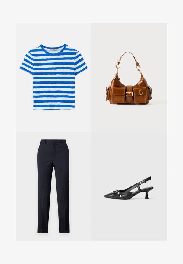 Blue and white striped short-sleeve T-shirt with a ribbed texture and a round neckline. Stripe patterns vary in width.; Navy tailored trousers with a straight cut, featuring a smooth texture, two front pockets, and a clean waistband.; Black leather slingback shoe with a pointed toe, decorative straps featuring metal eyelets, and a low block heel. Textured surface.; Brown leather handbag with a curved shape, dual gold-tone hardware, two front pockets, and a wide strap. Smooth texture with a sleek finish.