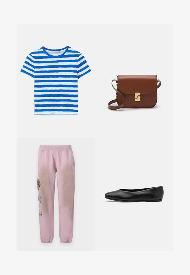 Blue and white striped short-sleeve T-shirt with a ribbed texture and a round neckline. Stripe patterns vary in width.; Pink sweatpants with an elastic waistband, featuring decorative patches in diamond shapes on the left side and elastic cuffs at the ankles.; Paul Smith TOPANGA - Ballet pumps - black; Brown leather handbag with a flap closure, gold-tone hardware, a shoulder strap, and a smooth texture. Compact rectangular shape.