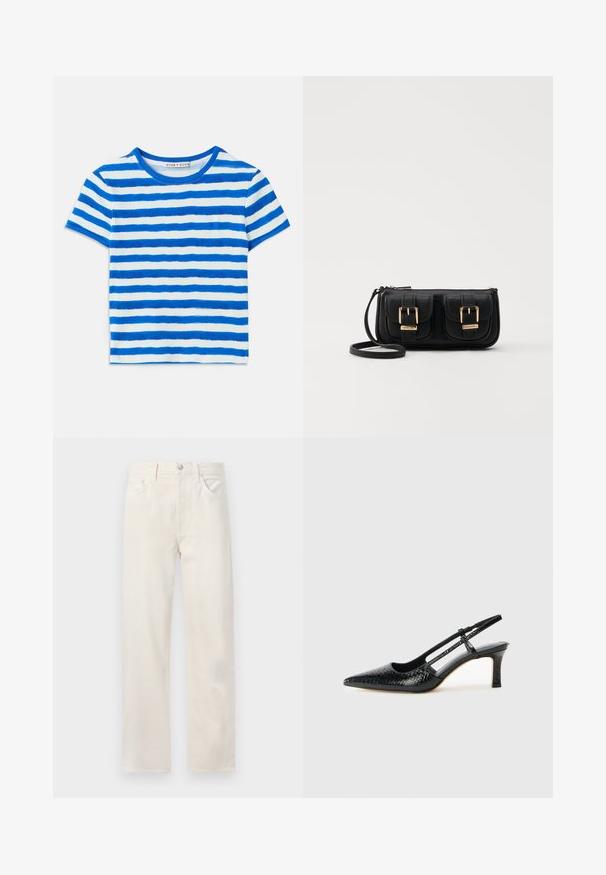 Mėlyna ir balta horizontaliomis juostelėmis marškinėliai trumpomis rankovėmis, su raštuotu tekstūru ir apvalia iškirpte. Juostelių plotis skiriasi.; Šviesiai kreminiai tiesaus kirpimo džinsai su penkiomis kišenėmis, diržo kilpelėmis ir mygtuko bei užtrauktuko uždarymu juosmens srityje.; Juodai lakuoti slingback aukštakulniai su smailiu nosiu, su tekstūruotu gyvatės raštu, reguliuojama juosta ir trumpu, tekstūruotu blokiniu kulnu.; Juodas odinis per petį nešiojamas krepšys su dviem priekiniais kišenėmis, auksiniais sagtimis, užtrauktuko uždarymu ir siauromis petnešomis. Textūruota paviršius ir kompaktiškas stačiakampis formatas.