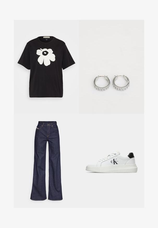 Black cotton t-shirt featuring a large white floral design on the front, short sleeves, and a relaxed fit. Label displayed at the neck.; Dark blue wide-leg jeans in denim fabric with a high waist, featuring orange stitching, five-pocket design, and a button closure.; White low-top sneaker with black heel tab, platform sole, laces, and Calvin Klein "CK" logo on the side.; Silver hoop earrings with a textured design featuring vertical ridges. Circular shape with a secure latch closure. Smooth finish.