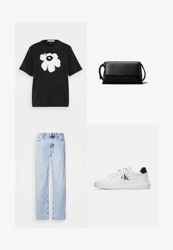 Sort bomulds t-shirt med et stort hvidt blomsterdesign på forsiden, korte ærmer og en afslappet pasform. Etiket vist ved halsen.; Lyseblå brede jeans lavet af denim, med høj talje, falmet vask og subtil tie-dye mønster langs fronten.; Hvide lavtoppede sneakers med sort hælkænke, platformssål, snørebånd og Calvin Klein "CK" logo på siden.; Sort læder clutch taske med rektangulær form, glat tekstur, flad klaplukning og et lille håndtag på siden. Har et subtilt logo.