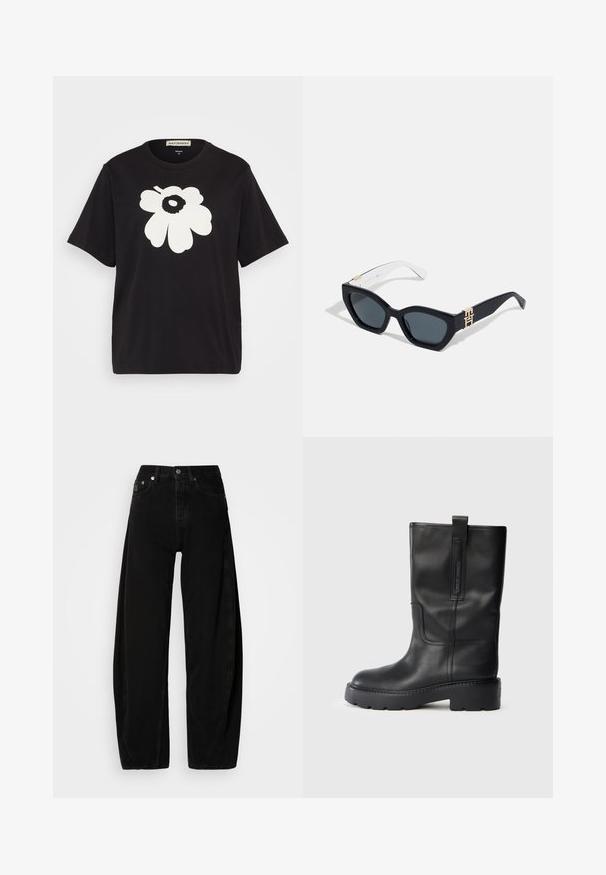 Czarna bawełniana koszulka z dużym białym wzorem kwiatowym z przodu, krótkie rękawy i luźny krój. Metka umieszczona na szyi.; Czarne dżinsowe spodnie o szerokich nogawkach z wysokim stanem, z guzikiem, pięcioma kieszeniami i minimalnymi detalami w szwie.; Czarne skórzane botki do kolan o eleganckim designie, z grubą podeszwą i boczną pętelką ułatwiającą zakładanie. Zauważalne akcenty w postaci przeszyć.; Tommy Hilfiger Okulary przeciwsłoneczne