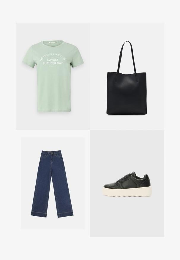 Gaiši zaļš kokvilnas T-krekls ar īsām piedurknēm un apaļu kakla izgriezumu, ar baltu tekstu, kas lasāms "NAV NEKI TĀDA PATIKAMA VASARAS DIENA."; Platās kājas džinsi tumši zilā denima krāsā. Iespējas: piecas kabatas, siksnu cilpas un neapstrādāta apakša ar redzamām šuvju detaļām.; Melnas ādas sporta apavi ar gludu tekstūru, bieza krēmkrāsas zole, apaļa purngala forma un klasiskā auklu slēdzēja dizains. Smalkas šuvju detaļas.; Melnas ādas somiņa ar gludu tekstūru, taisnstūra formu un divām garām rokturiem. Nav redzamu aparatūras vai rotājumu.