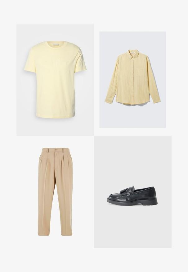 GANT TONAL SHIELD - Marškinėliai su spaudiniu - yellow shine; Ilga rankovė mygtukų marškiniai iš švelnios geltonos medžiagos, su tekstūruotu paviršiumi, apykakle ir viena kairio krūtinės kišenė.; Smėlio spalvos permatomos kelnės su tiesiomis kojomis, pagamintos iš lygaus audinio, su sagos uždarymu ir diržo kilpomis liemens srityje.; Juodi odiniai loafersai su apvaliu nose, juostele su kutais ir storesniu padu su raštu. Lygus paviršius ir klasikinis dizainas.