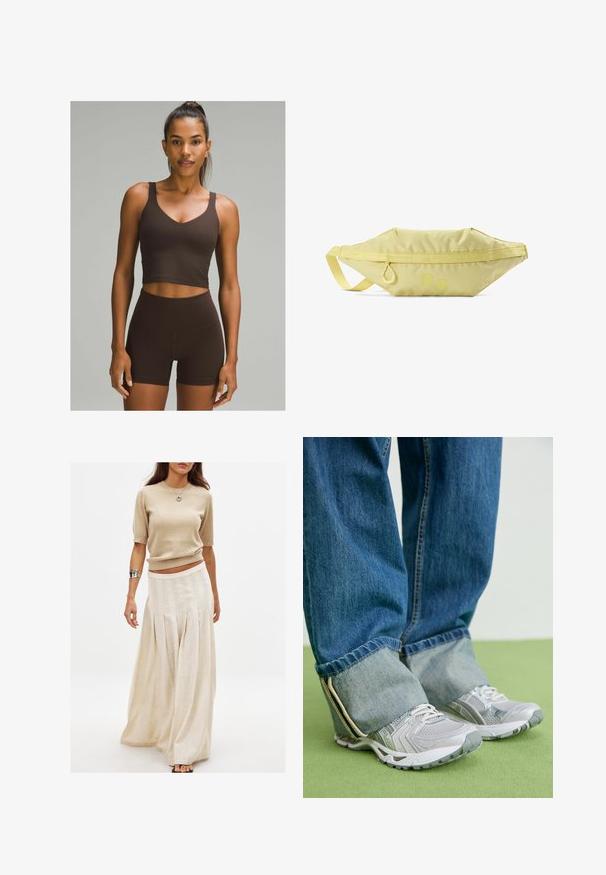 lululemon ALIGN™ A/B CUP - Top - espresso; Beige knitted short-sleeve top paired with a long, flowy cream skirt featuring vertical pleats and a smooth texture.; Gray athletic shoes with mesh material and white accents, paired with blue denim jeans that are cuffed at the ankles.; Yellow nylon fanny pack with a flat, triangular shape, zipper closure, side loop, and two circular accents on the front. Smooth texture.
