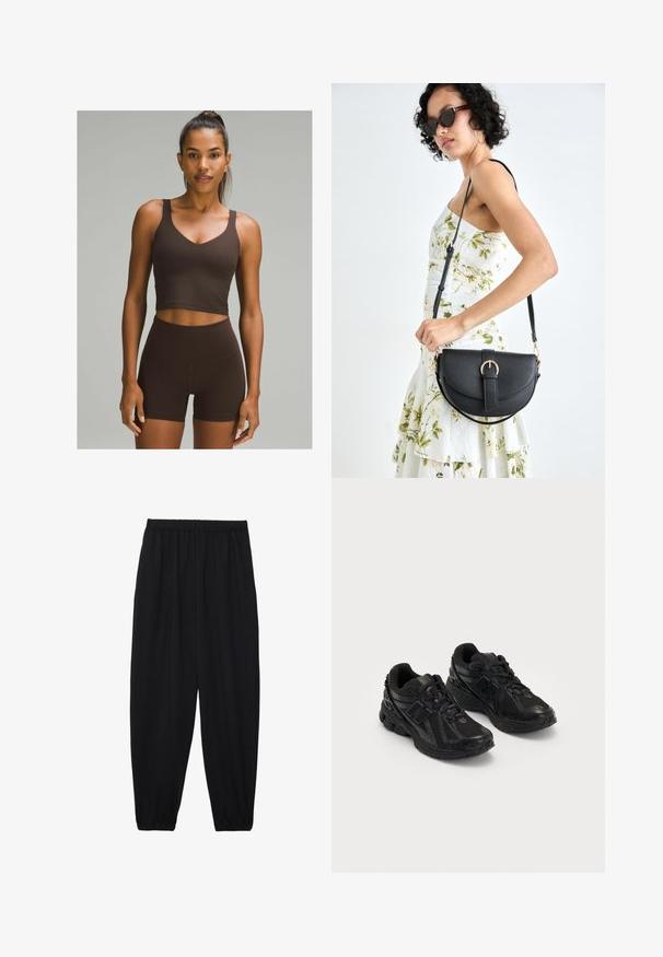 lululemon ALIGN™ A/B CUP - Felső - espresso; Fekete, könnyű nadrág elasztikus derékkal és ráncolt bokákkal. Az anyag sima és laza, szűkített dizájnnal rendelkezik.; Fekete sportcipők hálós és szintetikus anyagból. Jellemzője a párnázott talp, a texturált minták és a dombornyomott márkázás az oldalon.; Fekete bőrtáska ívelt formával, levehető pánttal és arany színű fémrészekkel. A táskán egy csattal díszített fedél található.