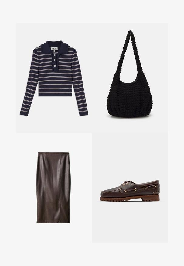 Camicia a maniche lunghe blu marina con strisce orizzontali rosa, colletto arricciato e placca con tre bottoni sul fronte; realizzata in un materiale morbido e elasticizzato.; Gonna a matita in pelle marrone con una texture liscia, lunga fino al ginocchio, caratterizzata da cuciture verticali per il design. Senza accessori o dettagli aggiuntivi.; Scarpa da barca in pelle marrone con occhielli dorati, lacci tondi e una suola in gomma marrone texturizzata. Presenta dettagli cuciti e un logo in rilievo.; Borsa in tessuto nero con una singola tracolla intrecciata, caratterizzata da una forma gonfia e un design della superficie arricciato.