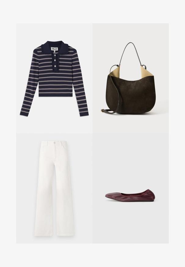 Cămașă albastră cu mânecă lungă, cu dungi orizontale roz, guler volan și placket cu trei butoane în față; fabricată dintr-un material moale și elastic.; Jeans albe, cu talie înaltă și croială largă, realizate din denim. Dispun de închidere cu buton, două buzunare frontale și cusături detaliate pe laterale.; Balerini din piele burgundă închisă, cu vârf rotunjit, rim elastic și textură netedă cu detalii subtile de pliere.; Geantă de mână din suede de culoare maro închis, cu o textură netedă, un design minimalist și un interior de culoare deschisă contrastantă. Dispune de o curea lungă din piele.