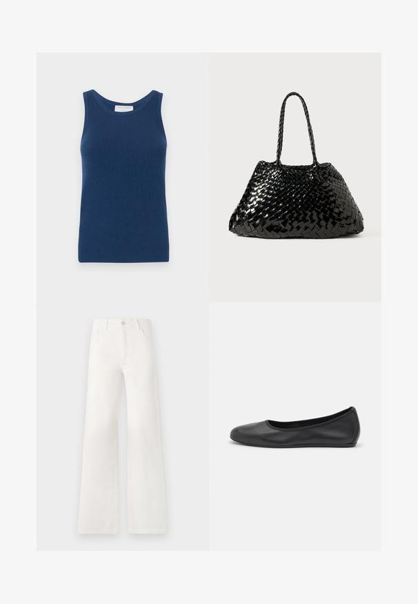 Top blu cu dungi, cu decolteu rotund și design fără mâneci. Fabricat dintr-un material moale, cu o textură netedă. Etichetă cu inscripția "Tiger of Sweden."; Jeans albe, cu talie înaltă și croială largă, realizate din denim. Dispun de închidere cu buton, două buzunare frontale și cusături detaliate pe laterale.; Balerini din piele neagră, cu vârf rotund, textură netedă, detalii de cusătură minimale și un design al tălpii flexibil.; Geantă neagră țesută, cu un finisaj lucios. Dispune de două mânere împletite și o formă triunghiulară spațioasă. Model texturat țesut pe întreaga suprafață.