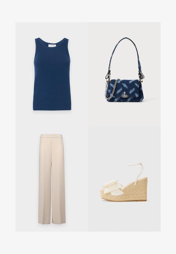 Plavi rebrasti top bez rukava s okruglim izrezom. Izrađen od mekog materijala s glatkom teksturom. Oznaka označena "Tiger of Sweden."; Bež hlače širokih nogavica od glatke tkanine, s visokim strukom i suptilnim prednjim naborima. Bez džepova ili vidljivih metalnih detalja.; Sandalice na punu s prirodnim jute podnožjem, gornji dio od krem tkanine i dva sloja cvjetnih detalja; ima tanku naramenicu oko gležnja s kopčom.; Torbica od tamnoplave tkanine s teksturiranim dizajnom, srebrnim detaljima i odvojivim lančanim remenom. Ima preklopno zatvaranje i naglasak s logotipom.