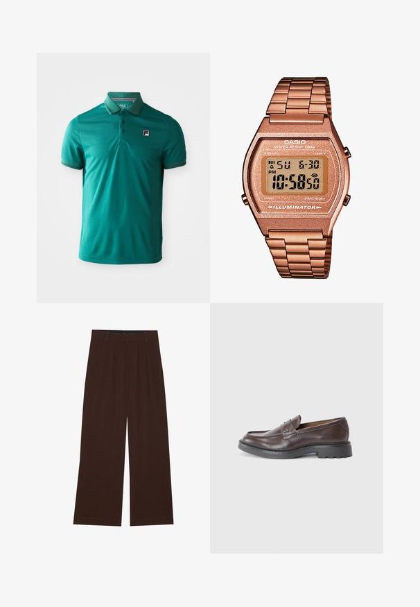 Pávatagú, rövid ujjú póló, három gombbal, a bal mellen egy kis FILA logóval, fehér háttér előtt.; Barna, széles lábú nadrág, plisszézett részleggel. Simább anyagból készült, szabott derékkal és oldalsó zsebekkel rendelkezik. Lapos szegéllyel az alsó részen.; Barna bőr loaferek sima felülettel, kerek orral, minimális varrással és vastag fekete gumitalppal. Nincs látható fém vagy díszítés.; Digitális Casio óra rózsaarany fém szíjjal, téglalap alakú házzal, megvilágított kijelzővel és vízállósággal, mutatja az időt és a dátumot.