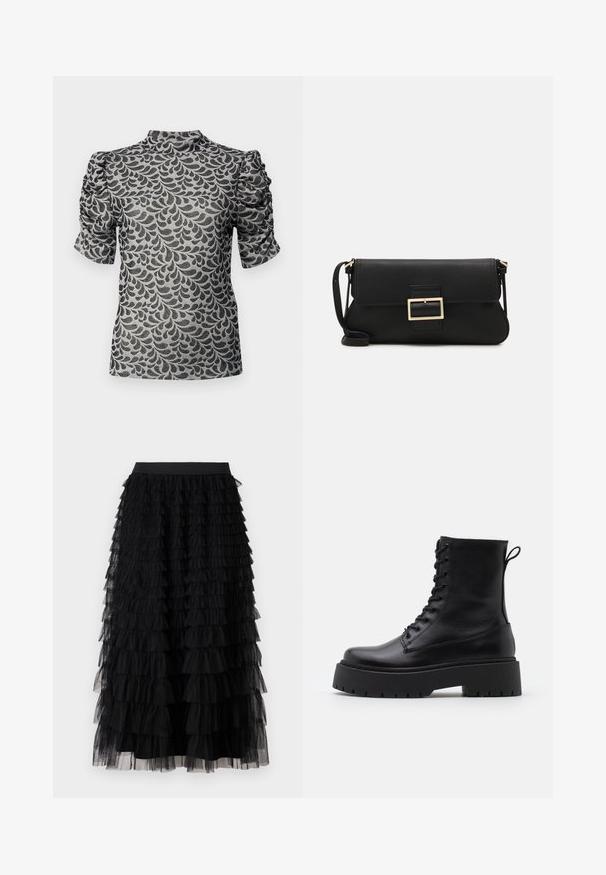 Krāsota pelēkā audumā ar melnu lapu rakstu, īsām piedurknēm un augstu apkakli. Piedurknes ir gatherējamas, radot teksturētu dizainu.; Vero Moda VMNAJA RUFFLE SKIRT - Maksi svārki - black; Melni ādas potītēm zābaki ar apļveida purngalu, auklām priekšpusē un biezu gumijas zoli ar teksturētu protektoru. Velkšanas cilpa aizmugurē.; Melnas ādas saķeres soma ar atloku un zelta metāla sprādzi. Ietver melnu siksnu un elegantu, minimālistisku dizainu.