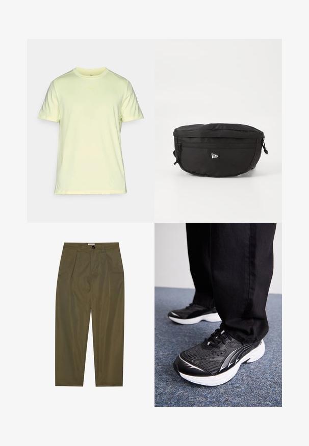 Camiseta deportiva amarilla claro hecha de una tela suave y ligera. Cuenta con un cuello redondo y mangas cortas, y tiene un logo sutil en el pecho.; Pantalones plegados color verde oliva, fabricados en un tejido suave, con cierre de botón y un diseño de pierna recta. Sin bolsillos visibles.; Zapatillas deportivas negras con tejido de malla, suela blanca y acentos negros. La suela tiene un diseño texturizado. Usadas con pantalones negros sobre una superficie de moqueta azul.; Bolsa de cintura negra fabricada en nylon; cuenta con un bolsillo frontal con cremallera, correa ajustable y un parche con el logo. Forma redondeada con una textura suave.