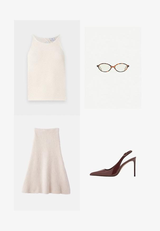 Canottiera in rete bianca con scollatura rotonda e dettaglio a chiave sul retro. Tessuto texturizzato con vestibilità ampia.; Una gonna A-line beige chiaro realizzata in un tessuto morbido e testurizzato, con una vita liscia e una silhouette fluida.; Sandal con tacco alto in pelle lucida marrone scuro, punta affusolata, con cinturino regolabile e sottile tacco a stiletto.; Occhiali in tartaruga con lenti ovali e una finitura liscia e elegante. Presentano aste sottili con una leggera curva alle tempie. Lenti trasparenti.