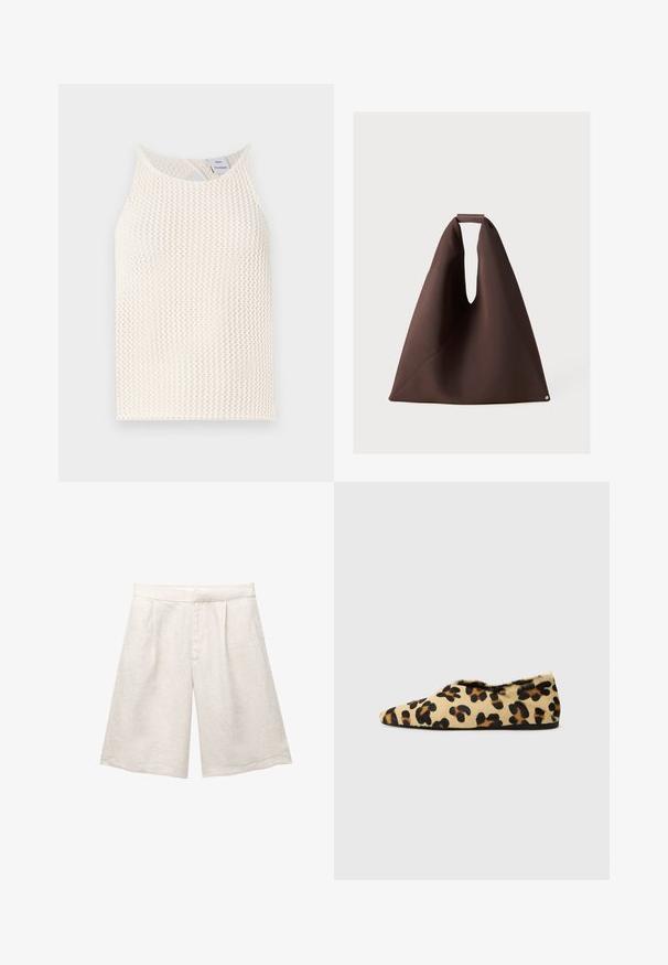 Hvid net tanktop med rund halsudskæring og en nøglehuldetalje bagpå. Strukturstof med en løs pasform.; Beige linnedragt med brede ben, der har folder foran og en glat talje. Stoffet har en let struktureret overflade.; Leopardprint flade sko lavet af blød pels med en spidse tå-design og en lav profil. Naturlige nuancer med sorte accenter.; Brun stof tote bag med en unik form, der har en bred åbning, struktureret overflade og en lille cirkulær detalje i bunden.