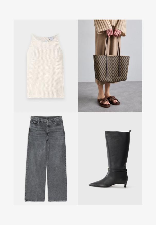 Bijela mrežasta majica bez rukava s okruglim izrezom i prorezom na leđima. Teksturirana tkanina s slobodnim krojem.; Široke traperice u tamnosivoj boji. Imaju visoki struk, dizajn s pet džepova i prednje kopčanje na dugme. Glatka tekstura s suptilnim izbljeđenjem.; Crne kožne čizme visine do koljena s izduženim prstima, ukrašene okruglom trakom oko gležnja i niskom, suženom petom. Glatka tekstura.; Smeđa torba s uzorkom i crnim ručkama, izrađena od izdržljivog materijala. Uparena s bež pletenim puloverom i sandalama s remenčićima smeđe boje.