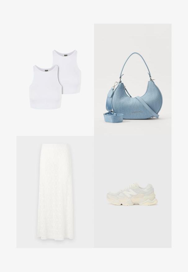 Kaksi valkoista puuvillaintia, joissa on ribbitekstuuri, pyöreät kaula-aukot ja hihattomat mallit. Tunnisteissa lukee "URBAN CLASSICS."; Valkoinen pitsinen maksihame, jossa on teksturoitu kuvio, joustava vyötärö ja enkeliomainen muoto. Kangas näyttää kevyeltä ja ilmavalta.; Kevyt lenkkari, jossa on verkko- ja mokkanahkapinta pehmeissä kerman sävyissä, chunky-pohja ja kolmiulotteiset yksityiskohdat.; Vaaleansininen nahkainen käsilaukku, jossa on kohokuvioitu logo, kaareva muoto ja säädettävä olkahihna. Varustettu metallisilla yksityiskohdilla.