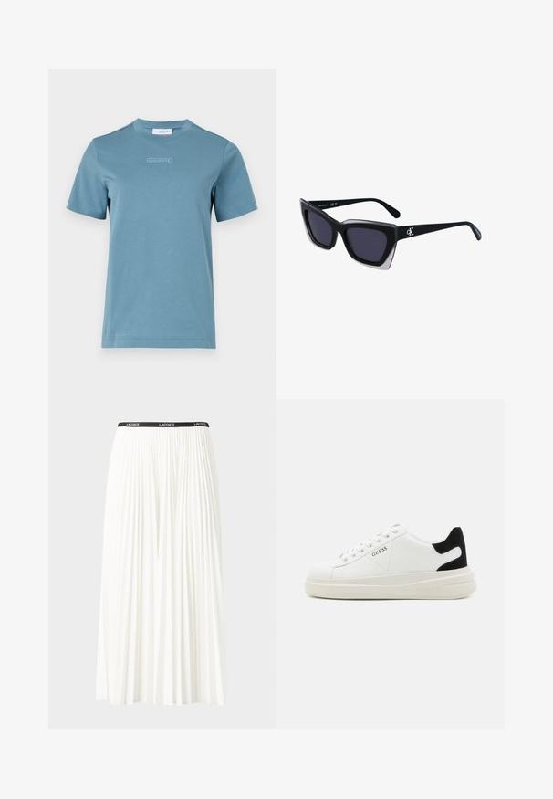 Šviesiai mėlynas medvilninis marškinėlis su apvalia kaklo iškirpte, priešingai su tekstūruotu "LACOSTE" logotipu priekyje. Trumpi rankovės ir standartinis fasonas.; Pleated balta sijonas su juodu elastiniu juosmeniu, ant kurio yra "LACOSTE" logotipas. Vidutinio ilgio dizainas su švelnia tekstūra.; Baltos odinės sportbačiai su storu baltu padu, juodu nubuko kulno akcentu ir iškilmingu logotipu šone. Su raišteliais, turinčiais šešis akinius.; Juodos didelės saulės akinių su geometrine forma, turinčiais tamsius objektyvus ir kontrastingą pilką detalę ant rėmelio. Logotipas ant šalon.