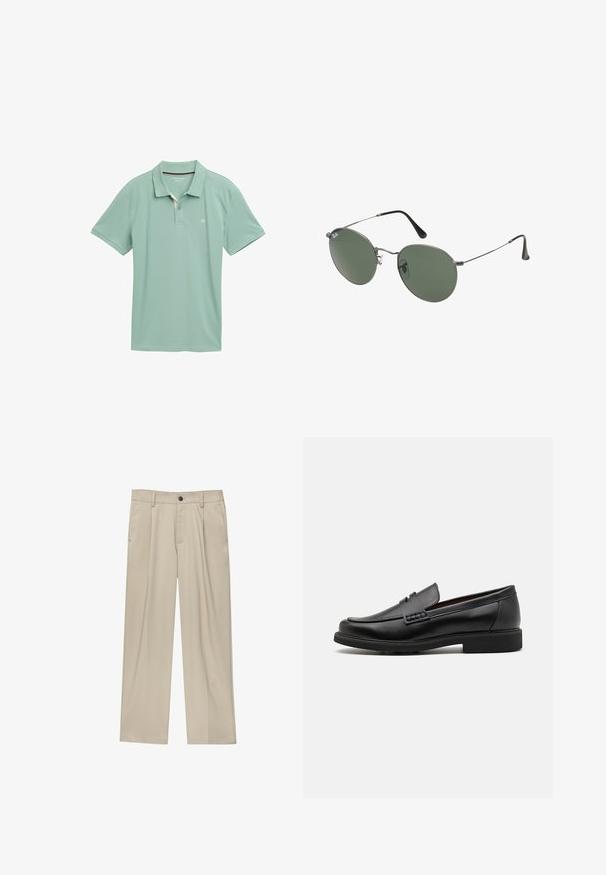 Ljusgrön polo t-shirt i andningsbart tyg med korta ärmar. Har en treknapplåsning och en diskret logotyp på bröstet.; Beiga byxor med rak passform, utrustade med en enda svart knapp, bältesöglor och sidofickor. Slät tygkänsla och minimalistisk design.; Svart syntetiska loafers med en framträdande söm på framsidan, vadderad sula och platt gummiyttersula; elegant design med minimalt detaljerad.; Metallinramade solglasögon med ovala gröna linser. Tunn silvermetallram och svarta öronpluggar. Minimalistisk design, inga synliga logotyper.
