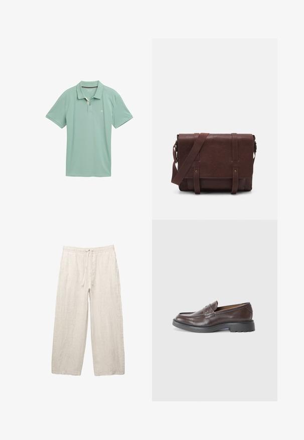 Vaaleanvihreä poolopaita hengittävästä kankaasta, jossa on lyhyet hihat. Sisältää kolmen napin listan ja hillityn logon rinnassa.; Vaaleanbeige pellavahousut, joissa on joustava vyötärö, säätönyöri, leveät lahkeet ja sivutaskut. Sulava rakenne.; Ruske nahkalenkkarit, joilla on sileä pinta, pyöreä varvas, minimaalinen ommel ja paksu musta kumipohja. Ei näkyvää varustusta tai koristeita.; Ruskea nahkainen viestintälaatikko, jossa on litteä etuläppä, kaksi remmiä, kultaiset yksityiskohdat ja säädettävä olkahihna.