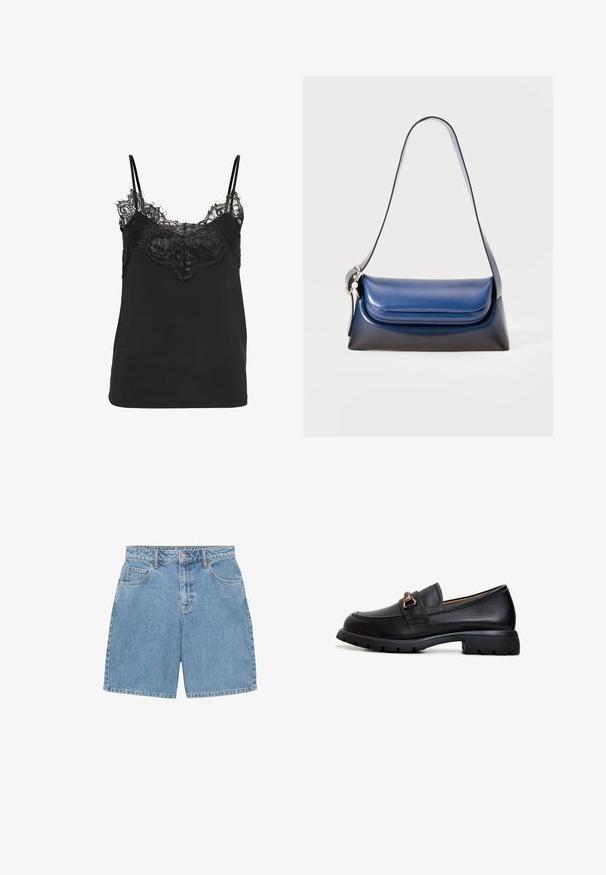 Zwarte camisettop met een kanten rand langs de halslijn en verstelbare dunne bandjes. Glad fabric met een losse pasvorm.; Lichtblauwe denim shorts met een hoge taille, vier zakken en zichtbare stiksels. Gemaakt van gestructureerde denimstof.; Zwarte leren loafer met een ronde neus, decoratieve gouden hardware en een stevige rubberen zool met een geprofileerd grippatroon.; Marineblauwe leren handtas met een gladde afwerking, met een ronde vorm, gevouwen bovenkant en een enkele schouderband. Inclusief zilveren accenten.; Drie haarscrunchies: één van zwarte stof, één van witte stof en één zwart met een textuurpatroon in zilver en randen. Zacht, gelijkmatig ontwerp.