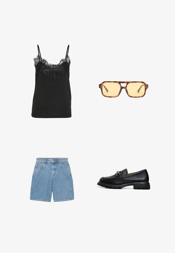 Top negru din satin, cu dantelă la decolteu și bretele subțiri ajustabile. Material neted, cu o croială lejeră.; Shorts din denim de culoare albastru deschis, cu talie înaltă, patru buzunare și cusături vizibile. Fabricate dintr-un material denim texturat.; Mocasini din piele neagră cu vârf rotunjit, hardware decorativ de aur și o talpă robustă din cauciuc cu un model texturat pentru aderență.; Ochelari de soare cu ramă din scoică de țestoasă, cu lentile de culoare galbenă, în formă rectangulară, și o decupare distinctivă la punte. Brațele texturate completează designul.; Geantă de umăr din piele bleumarin cu un finisaj neted, având o formă rotunjită, cu partea superioară pliată și o curea de umăr. Include accente din metal argintiu.; Trei elastice de păr: unul din material negru, unul din material alb și unul negru cu un model texturat argintiu și margini. Design moale, strâns.