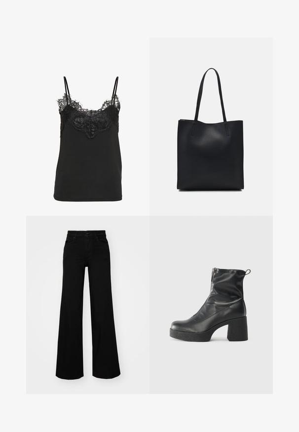 Fekete spagetti pántos top, csipkebetéttel a dekoltázsnál és állítható vékony pántokkal. Simább anyag, laza szabással.; Fekete, bő szárú farmernadrág, amelynek állítható derékrésze van, övhurkokkal és elülső zsebekkel. Simaság jellemzi, klasszikus dizájnnal.; Fekete bokacsizmák sima bőrből, oldalsó cipzárral, vastag, texturált sarkú és lekerekített orrú dizájnnal.; Fekete bőrtáska sima felszínnel, téglalap alakú, két hosszú füllel. Nincs látható fémkiegészítő vagy díszítés.