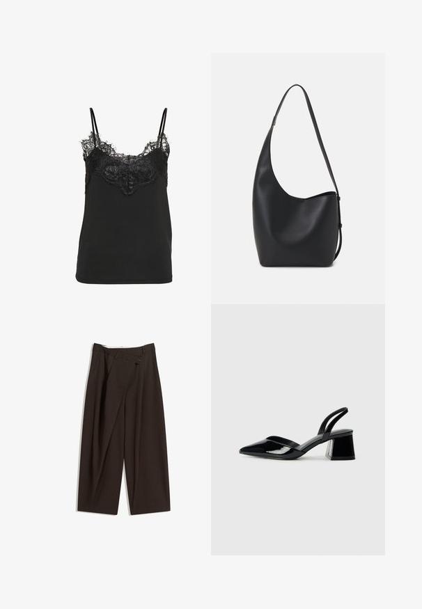 Schwarzes Trägertop mit Spitzenbesatz am Ausschnitt und verstellbaren dünnen Trägern. Glattes Material mit lockerer Passform.; Dunkelbraune, weite Hosen mit hohem Bund, die über einen einzigen Knopfverschluss und eine gefaltete Vorderseite verfügen. Hergestellt aus leichtem Stoff.; Schwarze Lackleder-Slingback-High Heels mit spitzem Schuh und einem geometrischen Blockabsatz. Verfügt über ein schlankes, minimalistisches Design und eine glatte Textur.; Schwarze Leder-Hobo-Tasche mit einer glatten Textur, geschwungener Form und einem einzelnen verstellbaren Tragegurt; verfügt über eine weite Öffnung am oberen Ende.