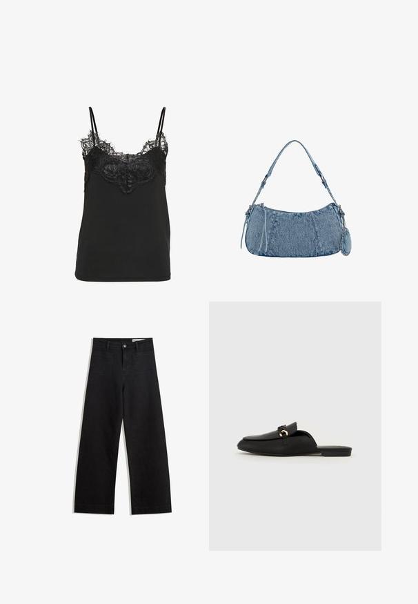 Sort cami-top med blonderkante langs halsudskæringen og justerbare tynde stropper. Glat stof med en afslappet pasform.; Sorte wide-leg denim bukser med høj talje, der har front- og baglommer, syede sømme og en knaplukning. Glat tekstur.; Sort slip-on sko lavet af glat læder. Har en rund tå, en dekorativ vævet strop og en lille guldfarvet detalje. Flad sål.; Denim håndtaske med buet form, lyseblå farve, justerbar skulderrem og en lille aftagelig pung med metalliske detaljer.