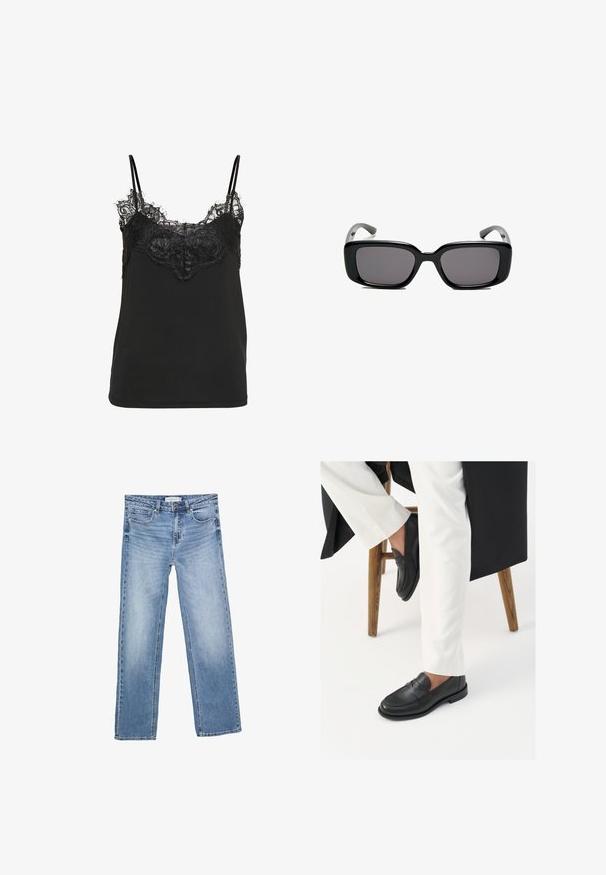 Musta sovituspaita, jossa on pitsireunus kaula-aukon ympäri ja säädettävät ohuet olkaimet. Tasainen kangas ja rento istuvuus.; Suorat siniset farkut, joissa on haalistunut pesu, viisi taskua ja klassinen nappisulku. Puuvillamateriaali, jossa on näkyvää ompelua.; Mustia nahkakenkiä, joissa on sileä pinta ja leveä nauhakohta, käytetään valkoisten räätälöityjen housujen kanssa. Kannan muotoilu on tasainen.; Mustat suorakulmaiset aurinkolasit tummilla linsseillä, sileä muovikehys ja kaarevat templet. Suunnittelu on jykevä ja minimalistinen.; Ruskea samettinen kantolaukku, jossa on kaksinkertaiset kahvat, nappikiinnitys ja rento, hieman lörpähtänyt muoto.