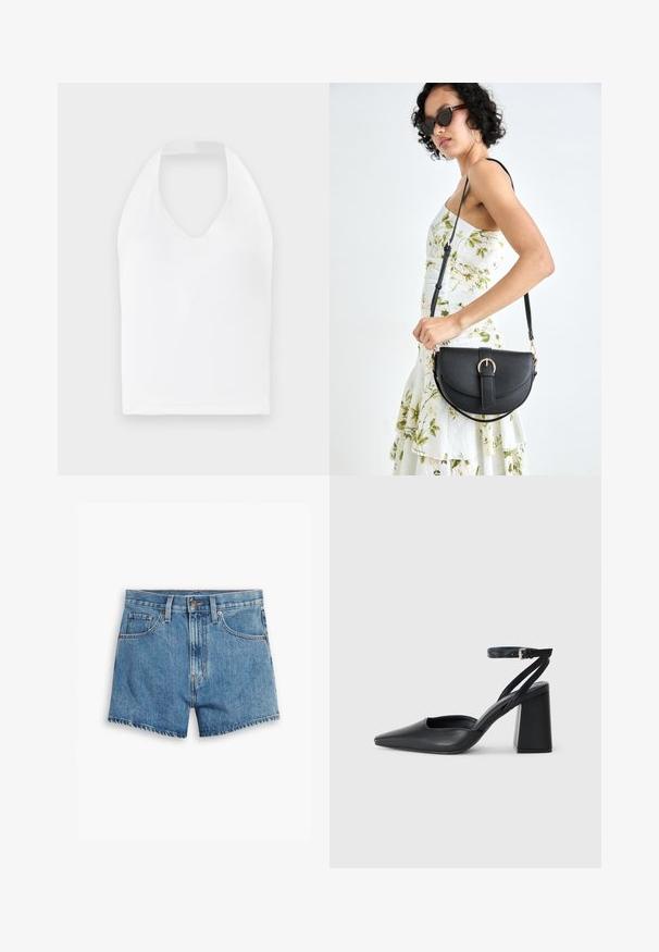 Fehér, nyakba akasztós felső, V-alakú dekoltárral, sima anyagból készült. Feszes fazonú, további díszítések nélkül.; Világoskék farmer rövidnadrág, öt zsebbel, cipzáros megoldással és gombos záródással. A szegélyt megkoptatták, és laza szabású dizájn jellemzi.; Fekete bőr, hegyes orrú magassarkú cipő boka pánttal és vastag sarokkal. Sima textúra, elegáns dizájn és minimális esztétika.; Fekete bőrtáska ívelt formával, levehető pánttal és arany színű fémrészekkel. A táskán egy csattal díszített fedél található.