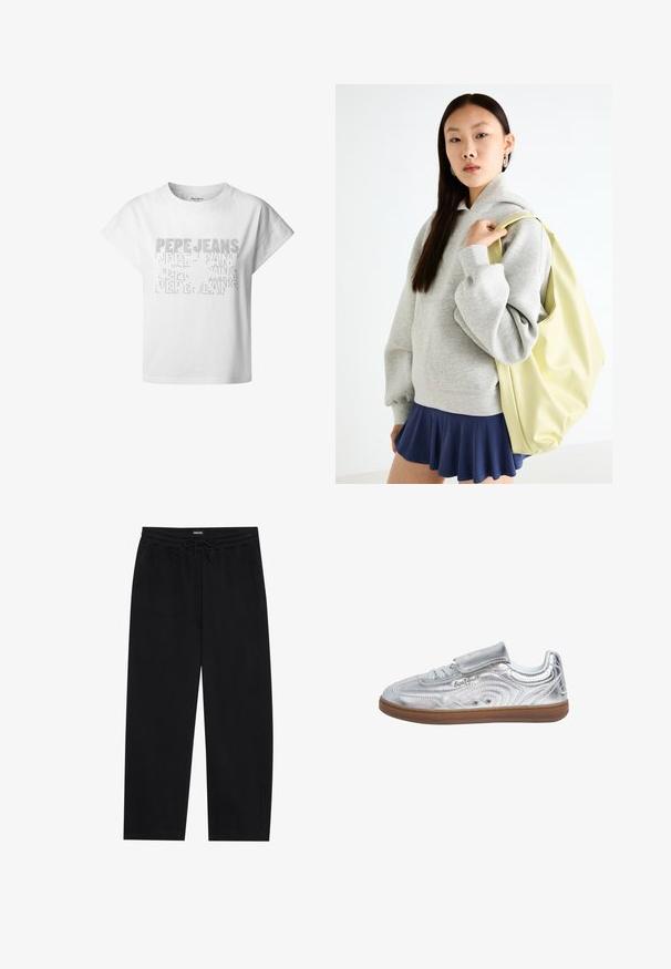Biele bavlnené skrátené tričko s prehodenými ramenami, so štruktúrovaným tlačeným nápisom značky "Pepe Jeans" v rôznych veľkostiach.; YOURTURN BARREL JOGGER UNISEX - Tepláky - black; Pepe Jeans Tenisky - silver-coloured; Sivá oversized mikina s klokanským vreckom, skombinovaná s námorníckou rozšírenou sukňou. Doplnok: veľký svetložltý batoh s hladkým povrchom.