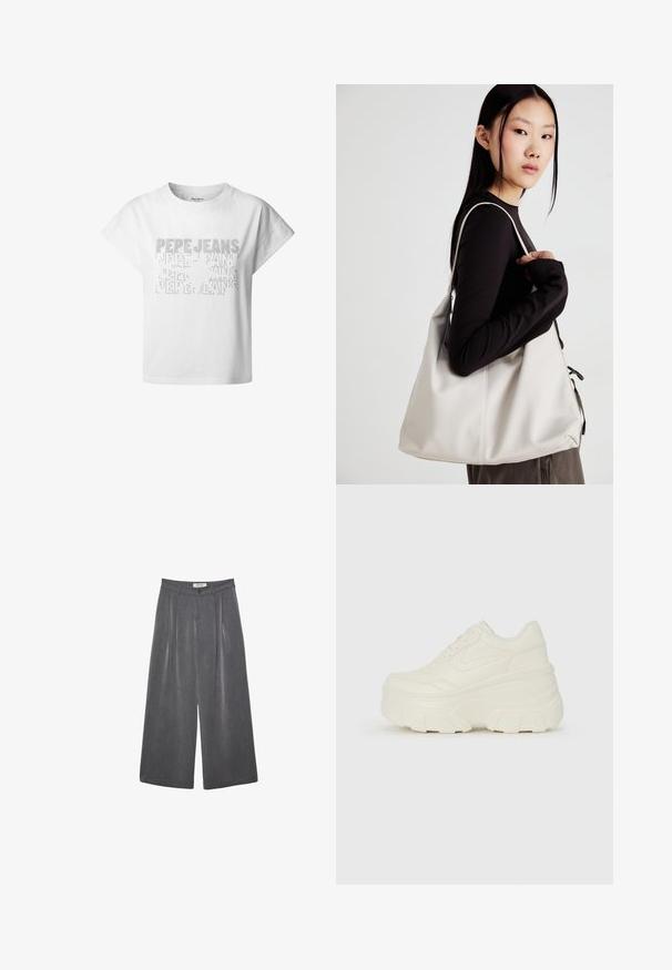 Bílý bavlněný zkrácený tričko s spuštěnými rameny, s texturovaným potiskem názvu značky "Pepe Jeans" v různých velikostech.; Přehnuté kalhoty s širokými nohavicemi v tmavě šedé tkanině s jemnou texturou. Obsahují zapínání na knoflík a klasický design pasu.; Bílé platformové tenisky s hladkým svrškem podobným kůži, zaobleným tvarem, polstrovaným límcem a texturovanou gumovou podrážkou s vyznačenými vzory.; Beige kabelka vyrobená z měkkého materiálu, s volným designem, prošívanými detaily a dvěma ramenními popruhy. Vhodná pro každodenní použití.