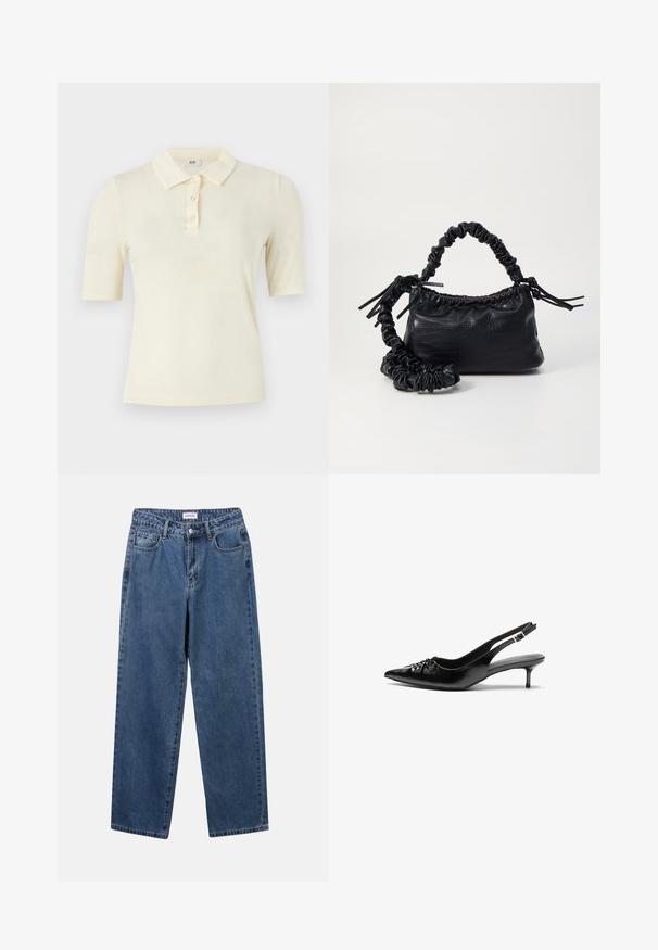 Korte ermer polo skjorte i lys gul, med klassisk krage og tre-knapps knapplacket. Glatt tekstur med en tettsittende design.; Klassiske blå denimjeans med rett ben-design, fem lommer og knappelukking. Har en middels vask og solid tekstur.; Svarte lær slingback-hæler med spiss tå, lav kitten-hæl og samlet detalj på vristen. Jevn tekstur og minimalistisk design.; Svart faux skinn-håndveske med krokodilletekstur, strammet topp og en rynket stropp. Ser myk og kompakt ut i designen.