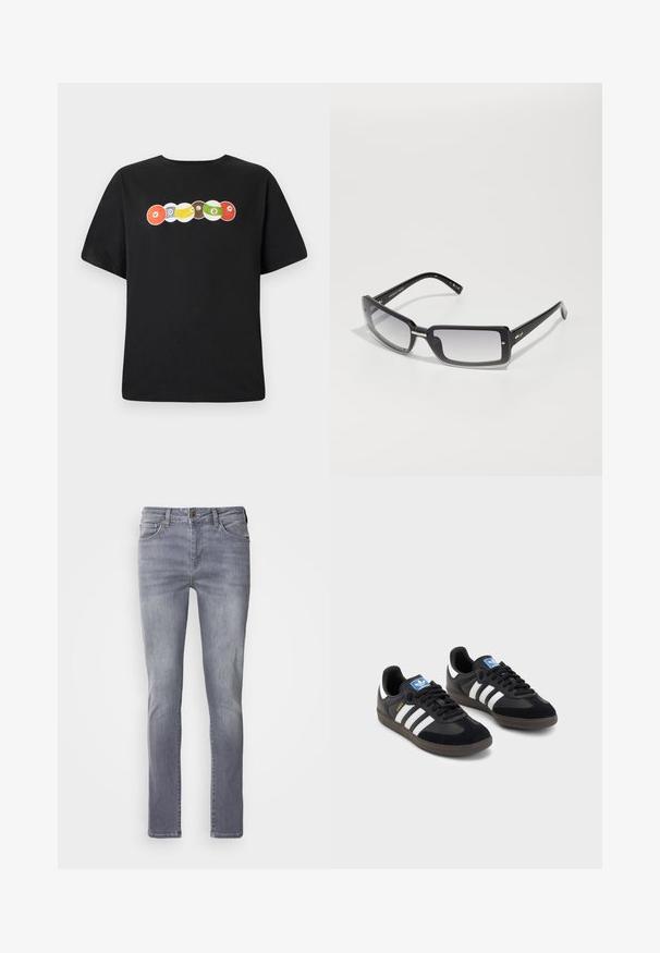 T-shirt noir à col ras du cou, ornée d'un graphique multicolore de boules de billard et du mot "VOLCOM" sur la poitrine.; Jean en denim gris clair à coupe droite, doté de cinq poches, d'une fermeture à bouton en laiton et d'une légère décoloration sur les jambes.; Des baskets noires avec une tige en suède et en matériaux synthétiques, dotées de trois rayures blanches, d'une semelle en caoutchouc texturé et d'une étiquette de logo bleue sur la languette.; Lunettes de soleil noires rectangulaires avec des verres dégradés, présentant une monture épaisse et des détails en métal sur les branches. Texture lisse sur l'ensemble.