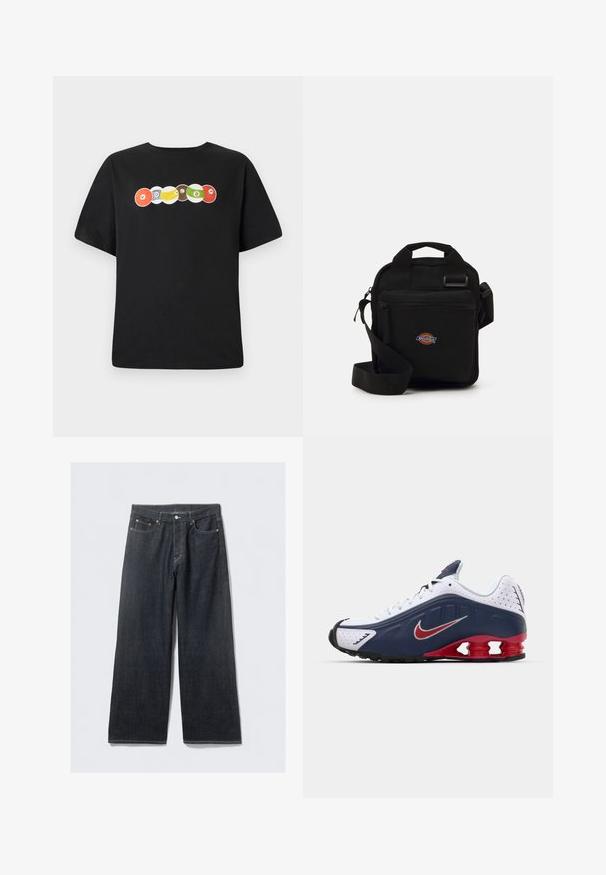 Musta T-paita, jossa on pyöreä kaula-aukko, esittelee monivärisen graafisen kuvan biljardipalloista ja sanan "VOLCOM" rinnan kohdalla.; Tummat farkut, joissa on leveät lahkeet ja korkeavyötärö, varustettu kuparinsävyisillä niiteillä ja kontrastivärisillä ompeleilla, sileä pintakuvio ja ilman näkyviä kuvioita.; Valkoinen ja tummansininen urheilujalkine punaisilla yksityiskohdilla, verkkomaisia paneeleita, pehmustettu kaulus ja erottuva pohjasuunnittelu, jossa näkyvät vaimennusyksiköt.; Musta olkakohtainen laukku, jossa on vetoketjullinen tasku, suorakaiteen muotoinen, kangasta, etupuolella logopatchi, säädettävä olkahihna.